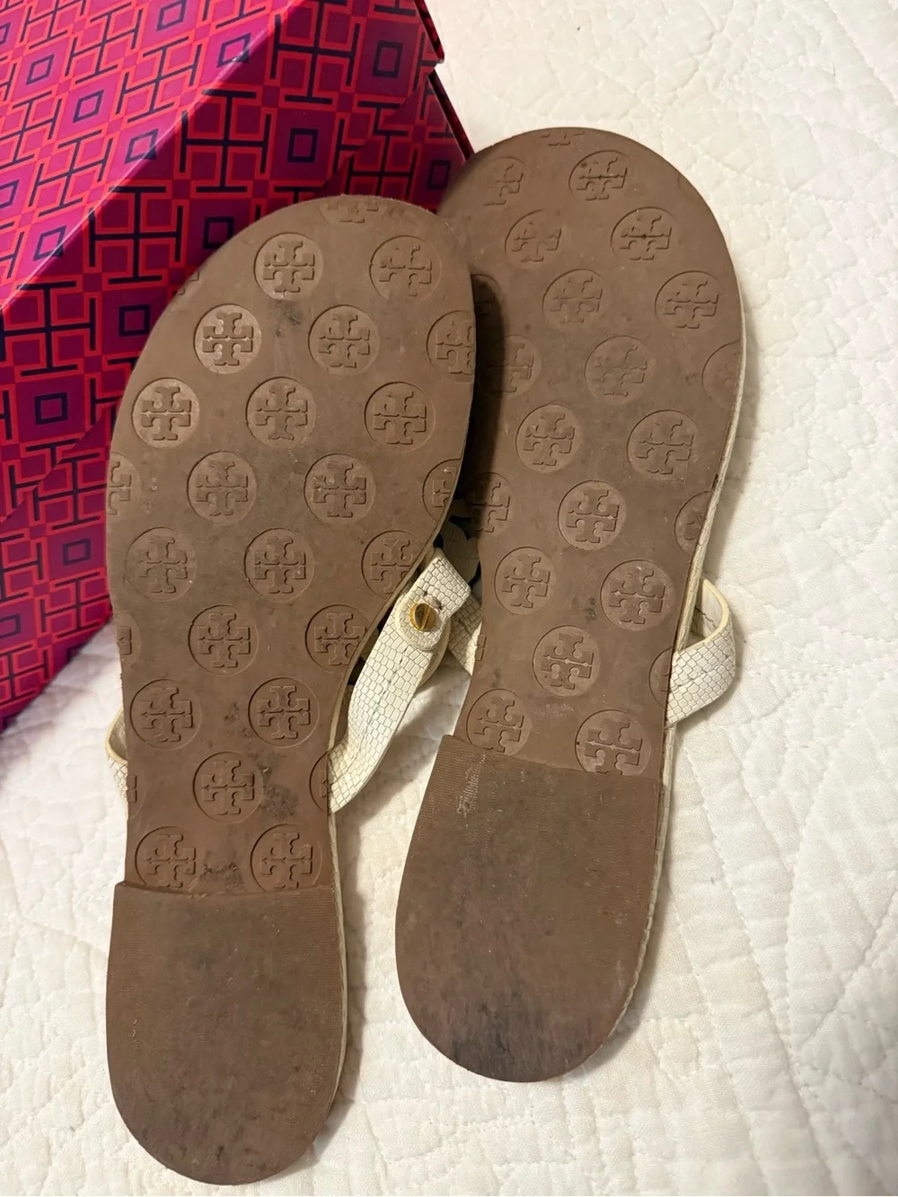 Tory Burch Ivory Textured Miller Logo Thong Sandals